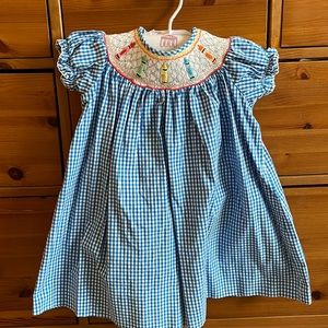 Blue Gingham Smocked Dress with Crayons